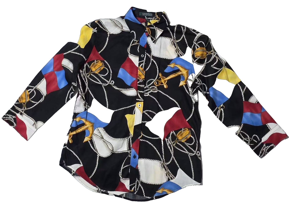 Lauren Ralph Lauren Nautical Anchor & Flag Print Button Down Shirt Size Small